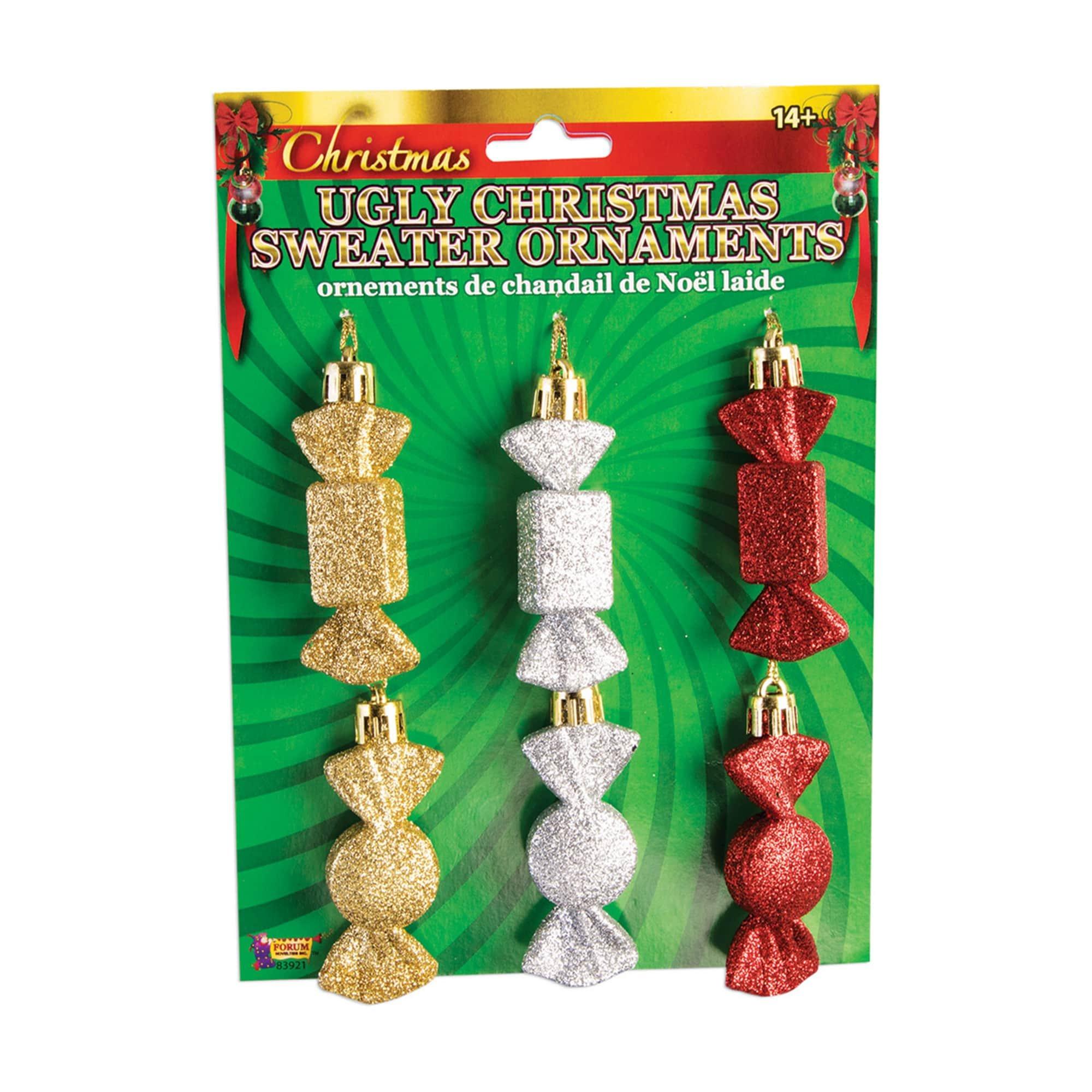 Ugly Christmas Sweater Add On Ornaments - Red. Silver and Gold