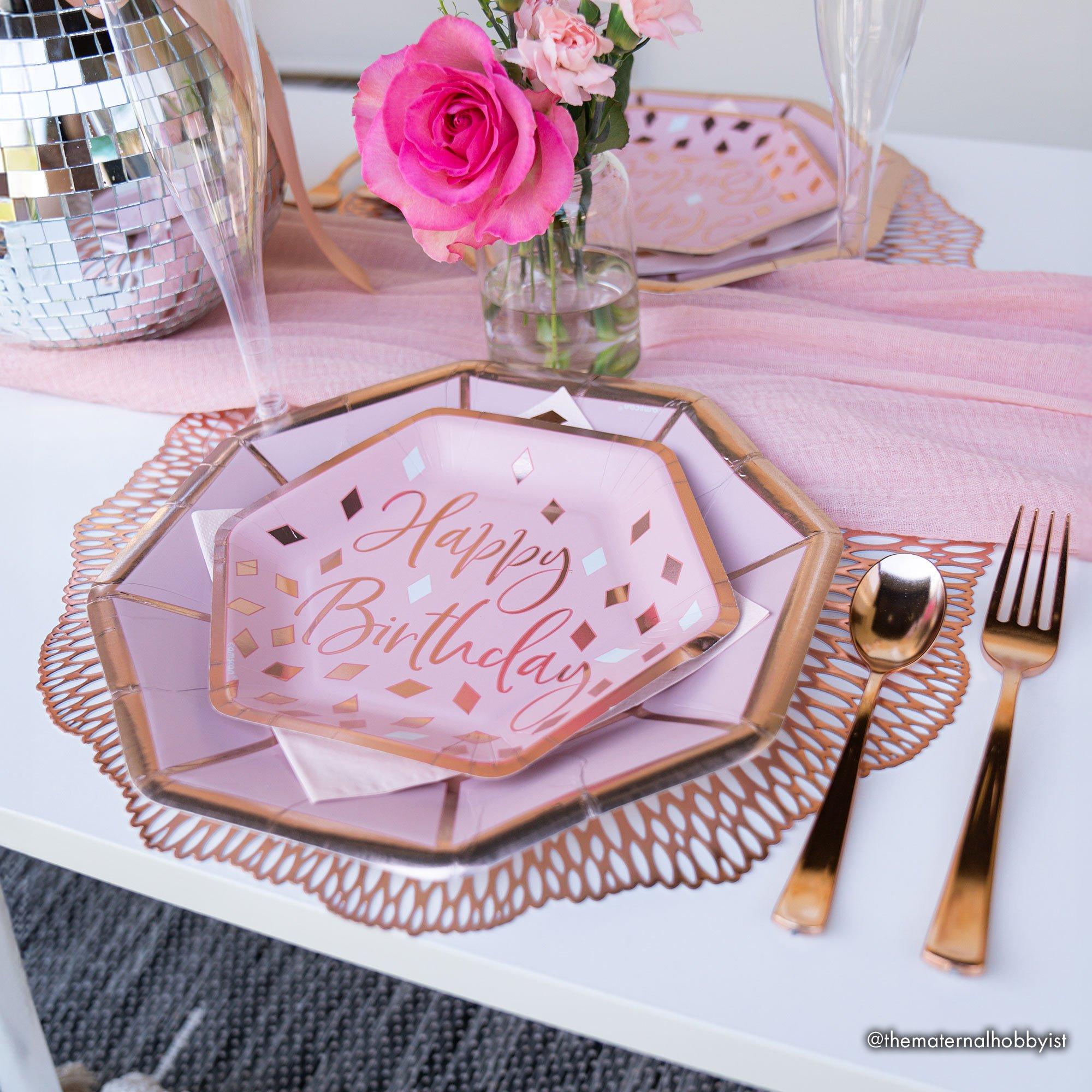 Metallic Blush Birthday Hexagon Dessert Plates. 7in. 8ct - Image 3
