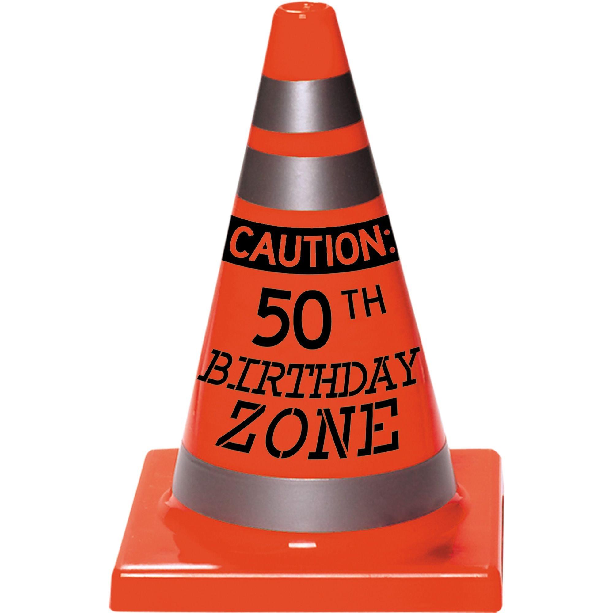 50th Birthday Safety Cone Plastic Decoration. 4.5in x 6.5in