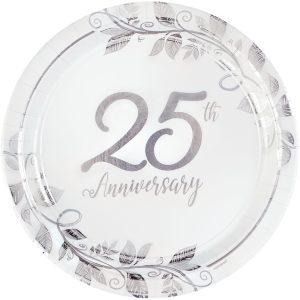 Metallic Silver Happy 25th Anniversary Paper Dinner Plates. 10.5in. 8ct