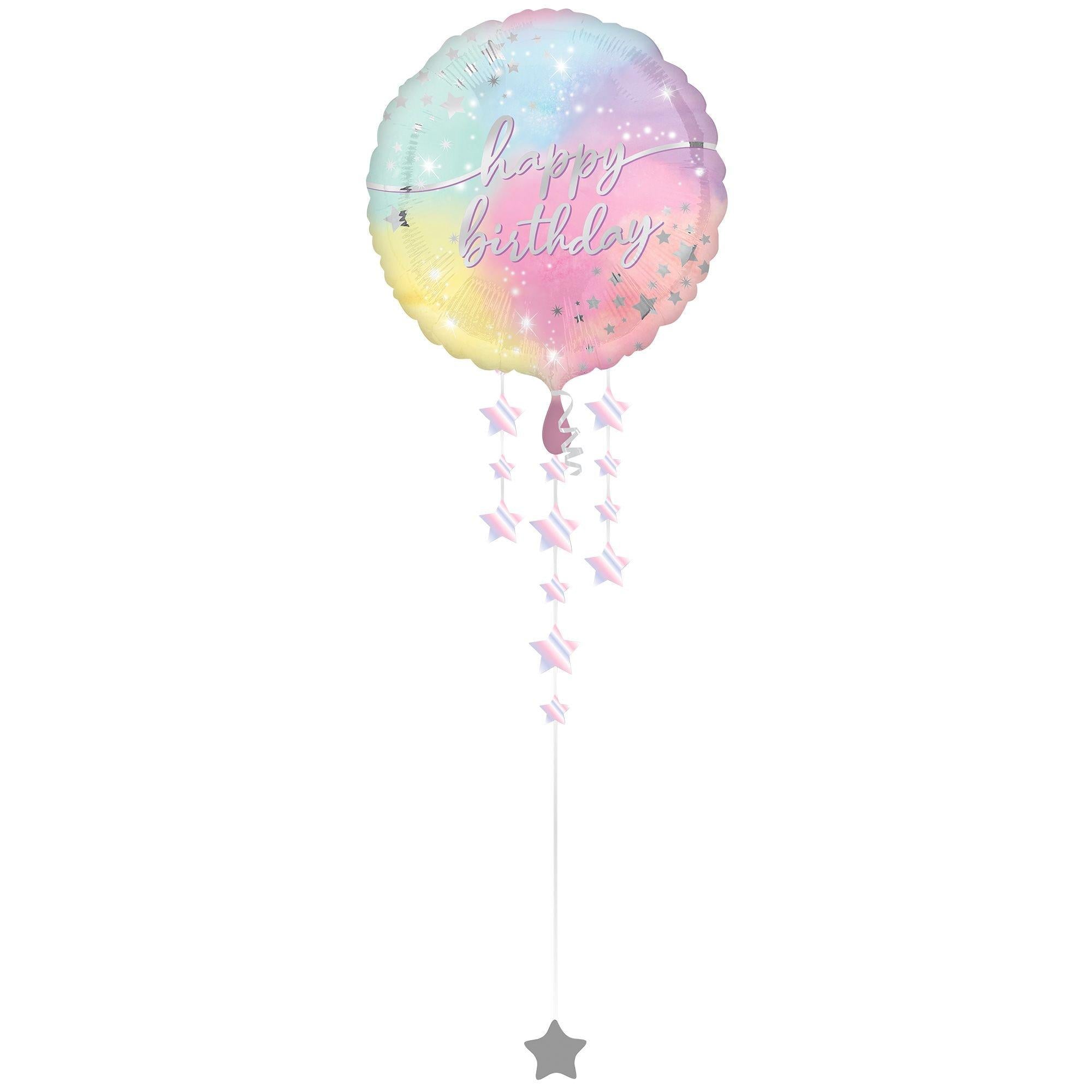 Iridescent Luminous Happy Birthday Foil Balloon with Weight Tail. 35in