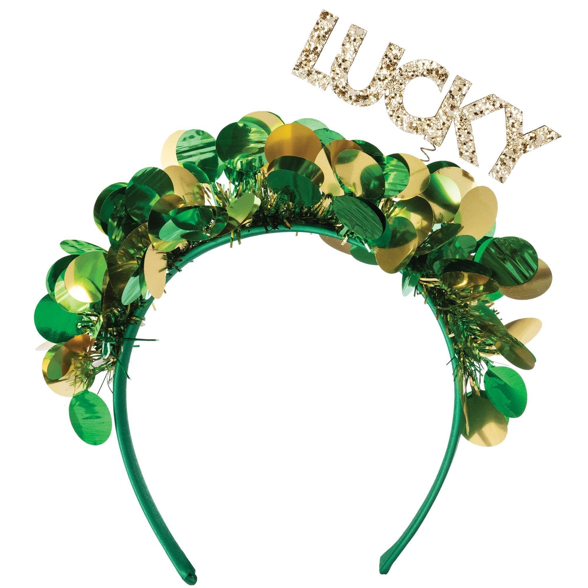 Glitter Lucky St. Patrick's Day Tinsel & Plastic Head Bopper. 6.6in x 6.8in