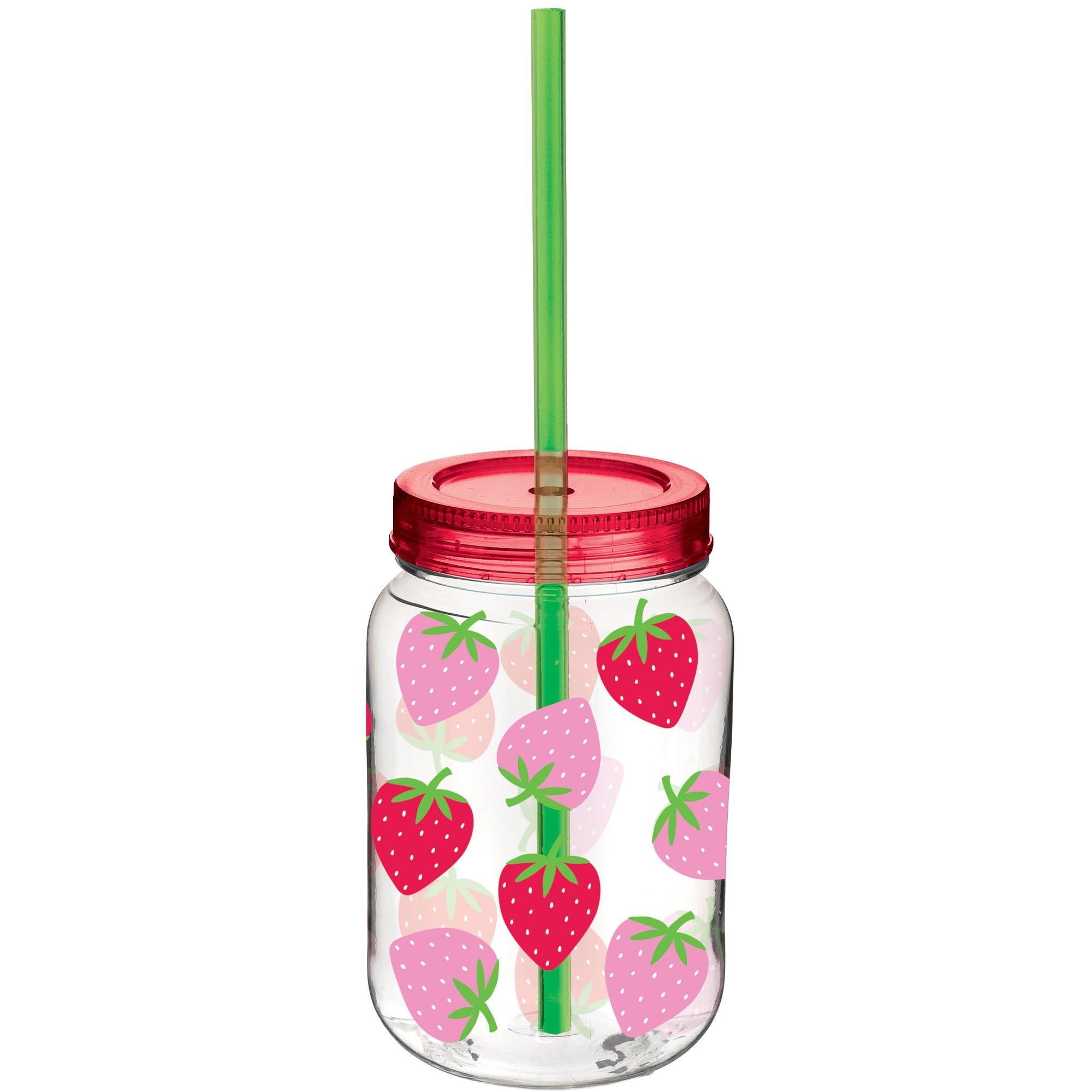 Summer Strawberry Plastic Mason Jar Cup with Straw. 16oz - Image 2