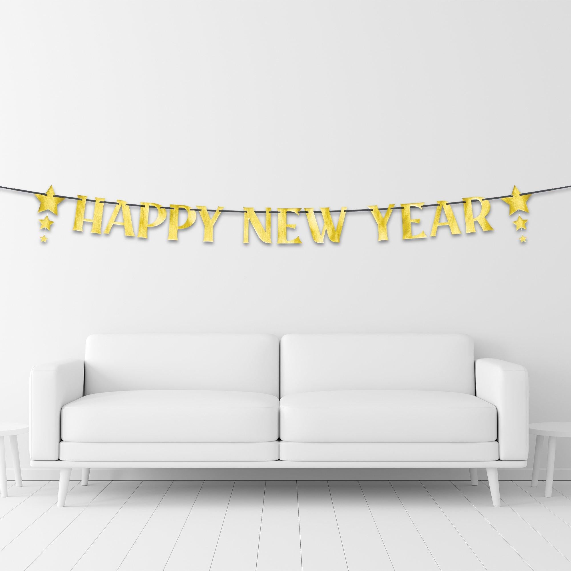 Metallic Gold Happy New Year Stars Cardstock Letter Banner. 12ft - Image 3