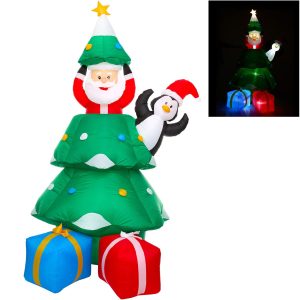 Christmas Tree. Santa Claus & Penguin Inflatable Yard Decoration. 7ft